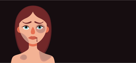 Sad woman with bruises and wounds on a dark background.Concept of domestic violence,sexual abuse in family,bullying,aggression on women.Banner for web site,social media.Vector cartoon illustration