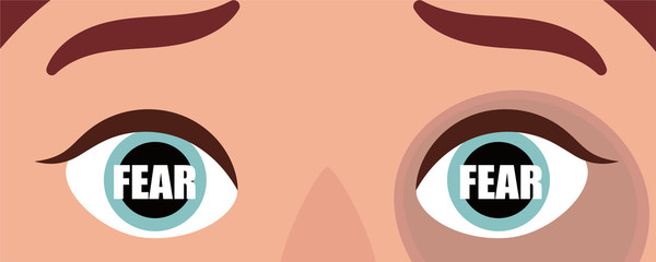 Frightened female eyes. They have fear. The concept of domestic violence, bullying, aggression against women, harassment, silence about the problem. Vector cartoon illustration.