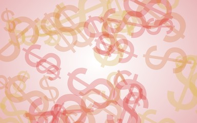 Multicolored translucent dollar signs on white background. Red tones. 3D illustration