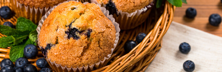 Blueberry Muffins with Fresh Blueberries on Wooden Background. Selective focus.