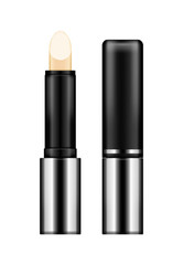 Realistic black glossy silver lipstick tube mockup isolated on white background with cap. Plastic package design. Blank cosmetic and skin care template. 3d vector illustration