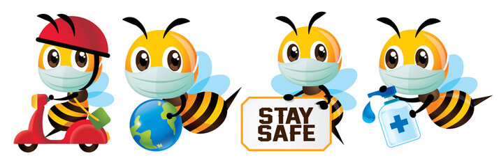 Cartoon cute bee global health awareness against virus in set. Cute bee wearing protective face mask for delivery, holding globe, holding stay safe signage, holding hand sanitizer - vector character