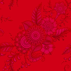Eastern ethnic style compositions, mehendi, traditional indian henna floral ornament. Seamless pattern, background. Vector illustration in red.