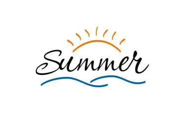 Vector illustration Brush lettering composition of Summer Vacation isolated on white background with yellow sun and blue wave.