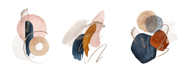 Arrangements. Terracotta, navy blue, orange, blush, pink, ivory, beige watercolor Illustration and gold elements, on white background. Abstract modern print set. Logo. Wall art. Poster. Business card.