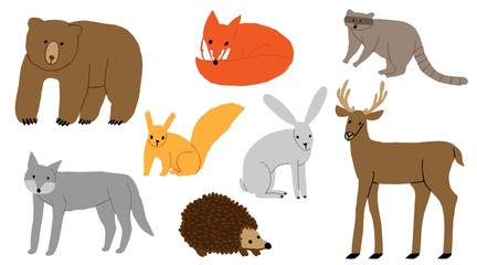 Collection set of hand drawn wild animals isolated on white. Cute funny mammals. Bear, fox, raccoon, hedgehog, deer, wolf, hare, squirrel. Fun design. Stock vector illustration.