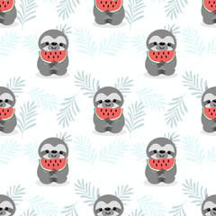 lazy sloth and watermelon seamless pattern