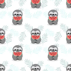Wall murals Watermelon lazy sloth and watermelon seamless pattern