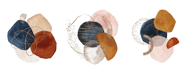 Arrangements. Terracotta, navy blue, orange, blush, pink, ivory, beige watercolor Illustration and gold elements, on white background. Abstract modern print set. Logo. Wall art. Poster. Business card.