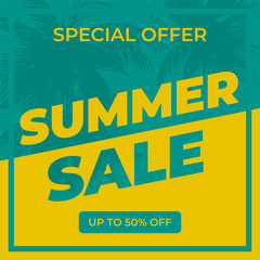 Fototapeta na wymiar Summer Sale banner design template. green and yellow summer sale banner with palm tree. special offer, up to 50 off