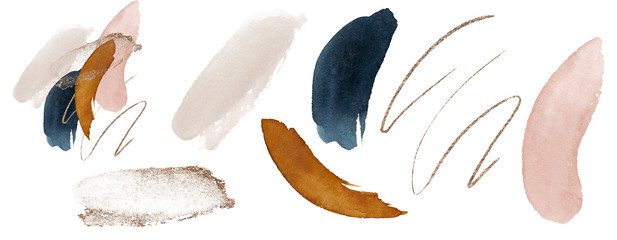 Abstract elements. Terracotta, blue, orange, blush, pink, ivory, beige watercolor Illustration and gold elements, on white background. Abstract modern print set. Logo. Wall art. Poster. Business card.