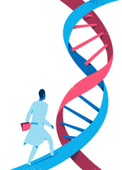 Ricerca scientifica sul genoma. Uno scienziato cammina sull'elica del dna