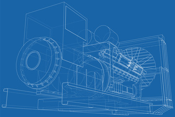 Gas-engine. Gas engine is an internal combustion engine which runs on a gas fuel. Wire-frame line isolated on white. Vector rendering of 3d.