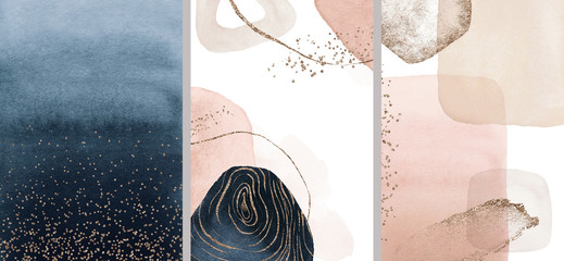 Navy, beige, blush, pink, ivory watercolor Illustration and gold elements, on white background. Abstract modern print set. Logo. Wall art. Posters. © Veris Studio