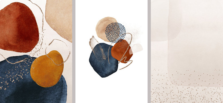 Fototapeta Terracotta, navy, orange, blush, pink, ivory watercolor Illustration and gold elements, on white background. Abstract modern print set. Logo. Wall art. Posters.