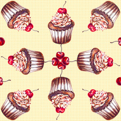 Seamless pattern with chocolate muffins and cherry berries painted with watercolor