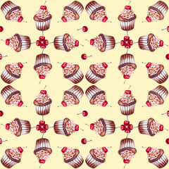 Seamless pattern with chocolate muffins and cherry berries painted with watercolor