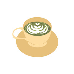 Hand-drawn mug and saucer with green matcha tea. Cartoon kitchen utensils. Colorful vector illustration isolated on a white background.