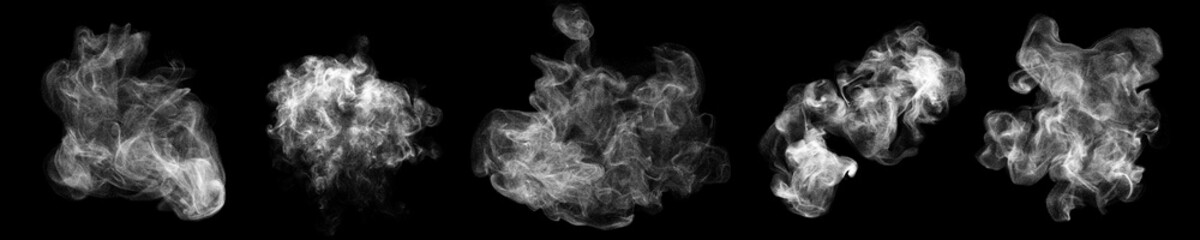 Smoke clouds, steam mist fog, realistic 3D isolated on black background. White foggy vapor smoke clouds from dust particles
