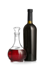 Decanter and bottle of wine  on white background