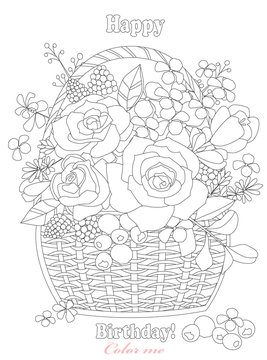 greeting card with basket full of beautiful flowers. bouquet ros