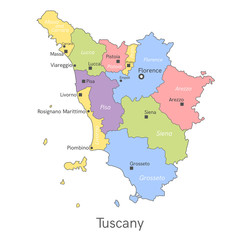 Vector illustration: administrative map of Tuscany with the names of cities and provinces.