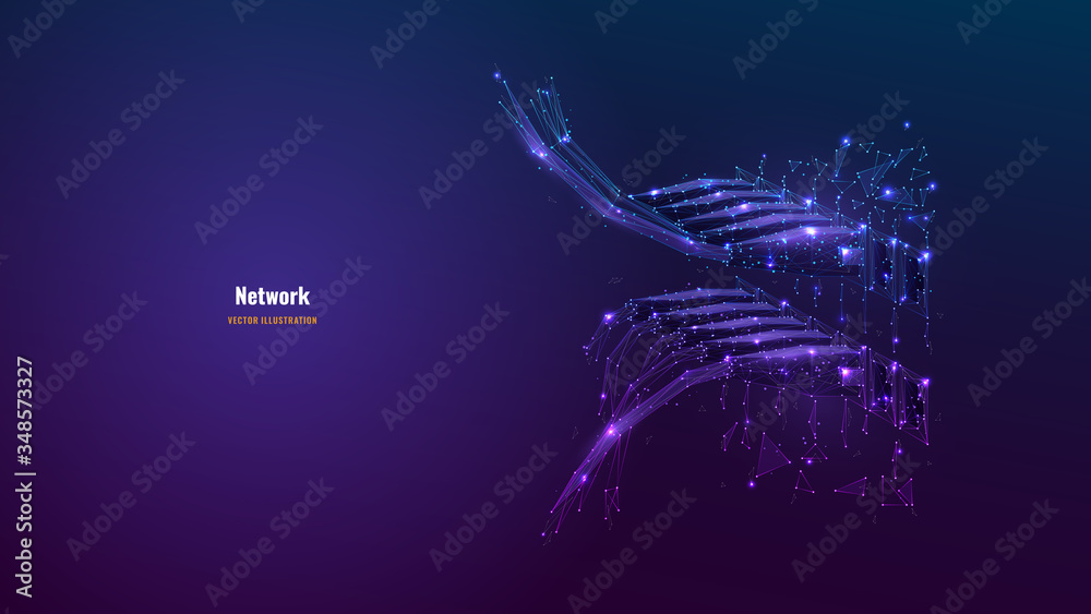 Poster Abstract image of ethernet cables connected in network switches. Vector low poly wireframe looks like constellation. Internet connection, global network information technology concept in dark blue