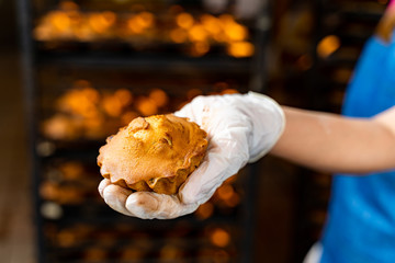 Hand holding cake or muffin. Factory oven background.