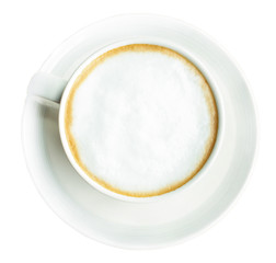 Close up top view of hot coffee cappuccino cup with space  at center of milk foam on isolated white background with clipping path.