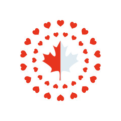 canada day concept, round frames of hearts and maple leaf icon, silhouette style