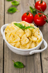 Parmesan Macaroni and Cheese on Wooden Background. Selective focus.