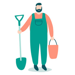 Fototapeta premium Vector illustration with cute cartoon gardener man with shovel and bucket. Beard gardener in green overalls. Concept of garden work isolated on white background. Characters design