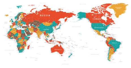 Obraz premium Mapa świata - Pacyfik Chiny Azja wyśrodkowany widok - kolor polityczny - szczegółowe ilustracji wektorowych warstw