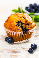 Blueberry Muffins with Fresh Blueberries on White Wooden Background. Selective focus.