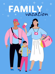 Family vacation and summer travel banner with people sketch vector illustration.