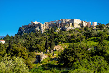 Panoramic view of Acropolis of Athens with Parthenon and Olympic Gods temples in ancient city...