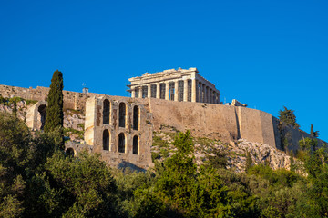 Fototapeta na wymiar Panoramic view of Acropolis of Athens with Parthenon Athena temple and Odeon of Pericles amphitheater in Athens, Greece