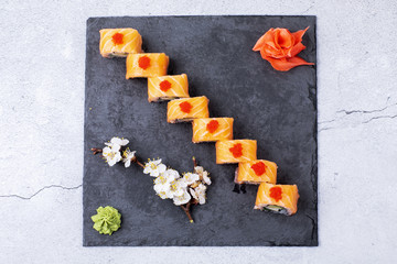 japanese sushi food. Maki ands rolls with tuna, salmon, shrimp, crab and avocado.