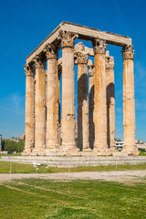 Panoramic view of Temple of Olympian Zeus, known as Olympieion at Leof Andrea Siggrou street in ancient city center old town borough in Athens, Greece