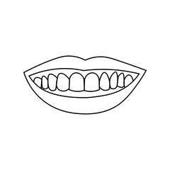Smiling lips with teeth. Black outline on white background. Vector illustration can be used in greeting cards, posters, flyers, banners, promotions, invitations etc. EPS10