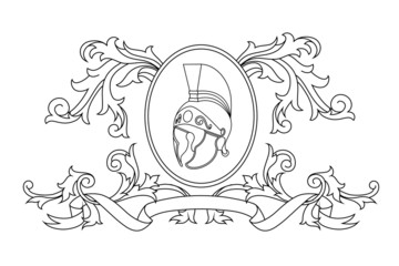 A coat of arms crest heraldic medieval knight or royal family shield. Outline vintage motif with filigree leaf and ribbon heraldry.