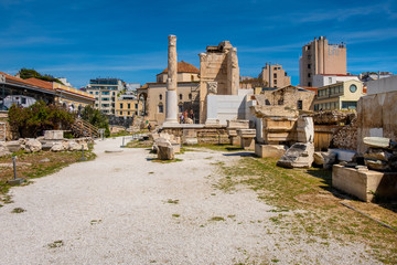 Library of Hadrian - Hadrian’s Library - ruins with remaining stone archeologic artefacts at the Monstiraki square of ancient old town borough in Athens, Greece