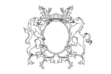 A coat of arms crest heraldic medieval rampant lion and horse for royal family shield. Outline vintage motif with filigree leaf heraldry.