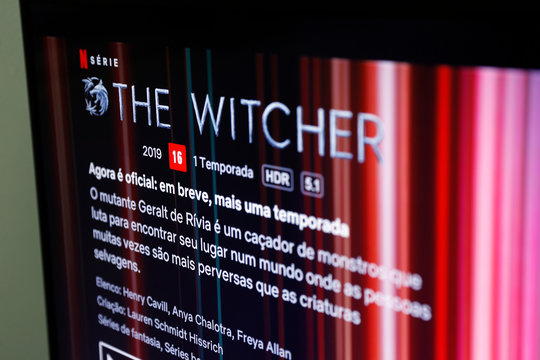 detail of television screen with The Witcher series presented in Brazil