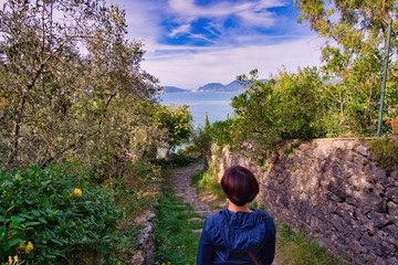 Panoramic view from the path between Montemarcello and Tellaro towards the Gulf of La Spezia Liguria Italy