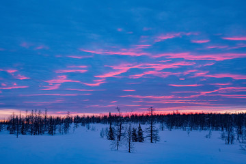 Winter sunset in the Ural mountains. Winter ski trip