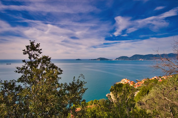 Fototapeta na wymiar Panoramic view from the path between Montemarcello and Tellaro towards the Gulf of La Spezia Liguria Italy