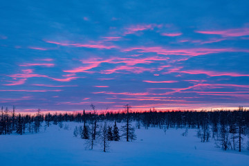 Obraz premium Winter sunset in the Ural mountains. Winter ski trip