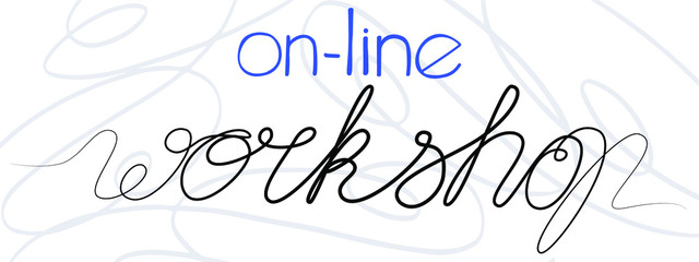Online workshop lettering. Blue and black handwriting. Beautiful classic design thin handwritten cursive font. Webinar, learning, masterclass concept logo.