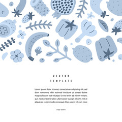 Whole foods frame border, modern design, template with copy space, hand drawn illustration of fruits, vegetables, banner background, good for menu cover, brochure, booklet